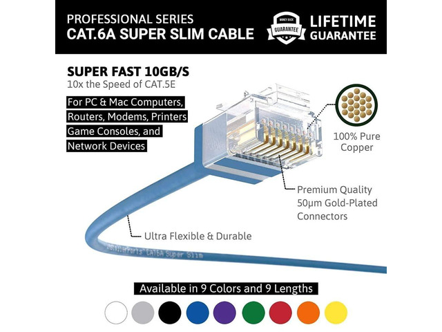 InstallerParts Ethernet Cable CAT6A Super Slim Cable UTP 1 FT (10 Pack) - Blue - Professional Series - 10Gigabit/Sec Network/High Speed Internet...