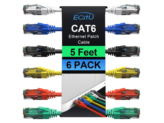 Cat6 Patch Cables 5 Feet (6 Pack), Cat 6 Ethernet Cable, 24AWG CCA Cord, UTP Network, Internet Cable, Compatible for PC, Laptop, Routers, Switches,...