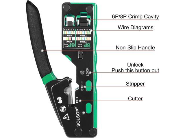 Solsop RJ45 Crimp Tool Pass Through - Cat6 Crimping Tool for Cat5 Cat5e Cat6 8P8C Connector, All-in-one RJ45 Crimping Tool and LAN Tester