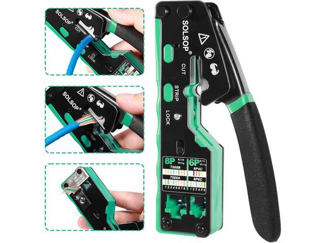 Solsop RJ45 Crimp Tool Pass Through - Cat6 Crimping Tool for Cat5 Cat5e Cat6 8P8C Connector, All-in-one RJ45 Crimping Tool and LAN Tester