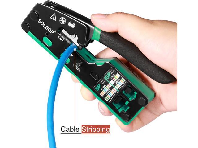 Solsop RJ45 Crimp Tool Pass Through - Cat6 Crimping Tool for Cat5 Cat5e Cat6 8P8C Connector, All-in-one RJ45 Crimping Tool and LAN Tester
