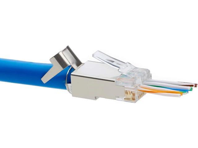 trueCABLE Cat6/6A RJ45 Pass Through Modular Plugs, Shielded (STP) External Ground Connector, UL Listed, EZ Crimp, Gold Plated 3 Prong 8P8C, 20 Pieces