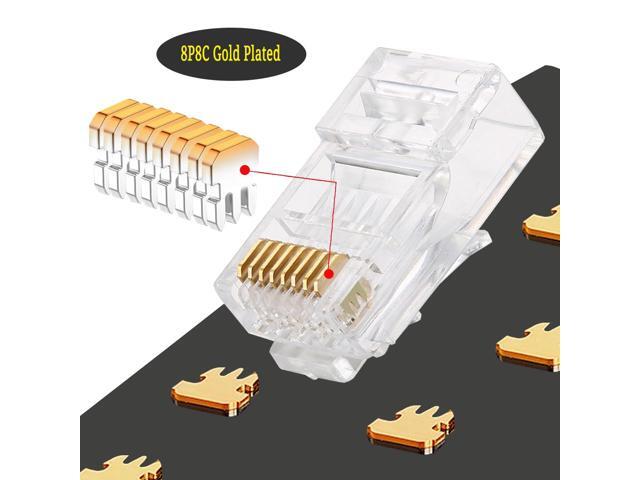 PETECHTOOL 100-Pack RJ45 Pass Through Connector 23AWG Cat6a Cat6 Ethernet Connector Gold Plated 8P8C RJ45 Ends for Solid or Stranded UTP Ethernet...