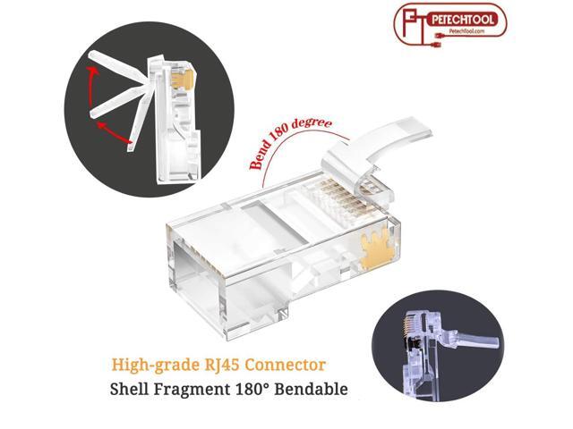 PETECHTOOL 100-Pack RJ45 Pass Through Connector 23AWG Cat6a Cat6 Ethernet Connector Gold Plated 8P8C RJ45 Ends for Solid or Stranded UTP Ethernet...