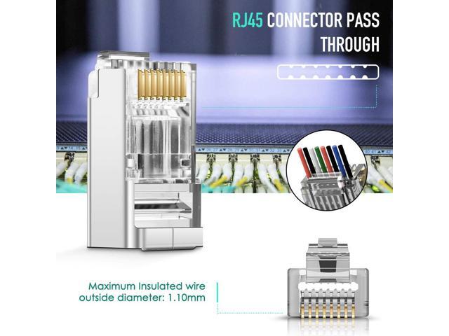 Shielded RJ45 CAT5 CAT6 Pass Through Connectors - Pass through Modular Plugs Gold Plated 3 Prong 8P8C Ethernet Ends for Solid Wire and Stranded...