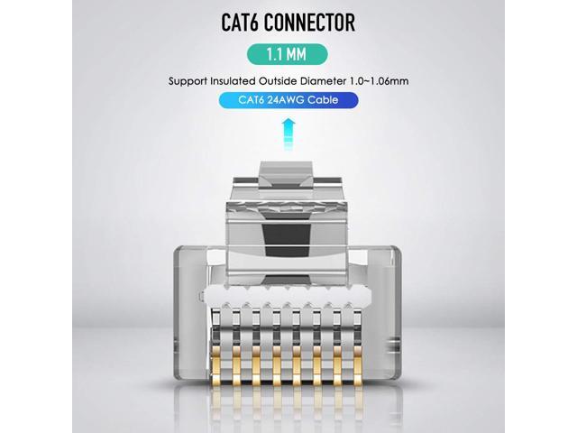 Shielded RJ45 CAT5 CAT6 Pass Through Connectors - Pass through Modular Plugs Gold Plated 3 Prong 8P8C Ethernet Ends for Solid Wire and Stranded...