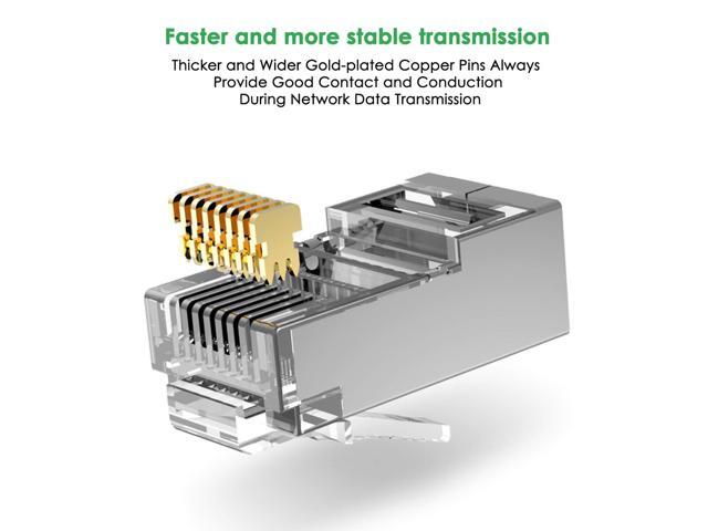 Shielded RJ45 CAT5 CAT6 Pass Through Connectors - Pass through Modular Plugs Gold Plated 3 Prong 8P8C Ethernet Ends for Solid Wire and Stranded...