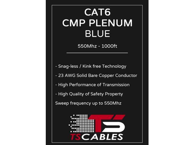 Cat6 Plenum (CMP) 1000ft Cable, 23AWG 100% Solid Bare Copper 550MHz Unshielded Twisted Pair (UTP) Bulk Ethernet Cable, Available in 10 Colors