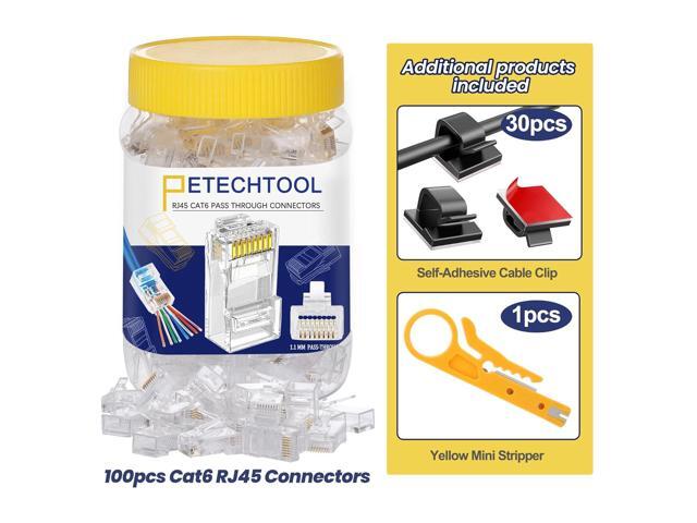 PETECHTOOL Cat6 RJ45 Pass Through Connectors 130-Pack Cat6 Cat5 Ethernet Connector for Solid or Stranded UTP Cable 100PCS Cat6 Cat5e Connectors,...