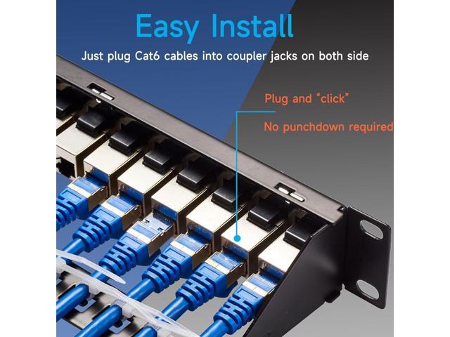 24 Port RJ45 Patch Panel Cat6 STP Feed Through, Coupler Network Patch Panel 19 Inch, Inline Keystone Ethernet Patch Panel with Back Bar