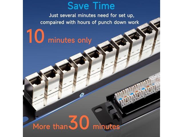 24 Port RJ45 Patch Panel Cat6 STP Feed Through, Coupler Network Patch Panel 19 Inch, Inline Keystone Ethernet Patch Panel with Back Bar