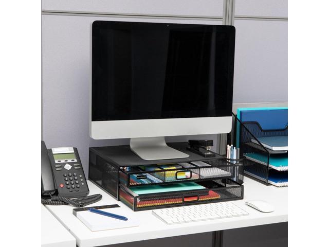 Mind Reader Monitor Stand, Ventilated Laptop Riser, Storage Drawer, Office, Metal Mesh, 15.75'L x 11.75'W x 4.5'H, Black