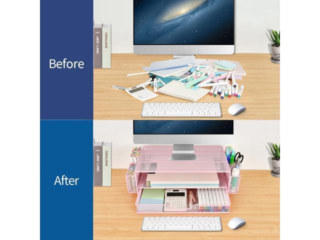 AUPSEN Computer Monitor Stands with Drawers and 2 Pen Holder, Desk Accessories & Workspace Desk Organizers, Monitor Stand for Computer, Laptop,...