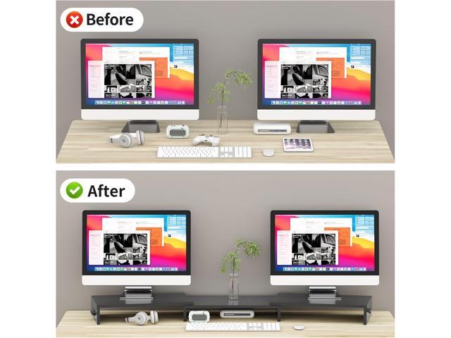 Pholiten Dual Monitor Stand Riser for 2 MonitorsDesktop Monitor Stand with Adjustable Length and Swivel Angles, Extra Long Multifunctional Stand up...