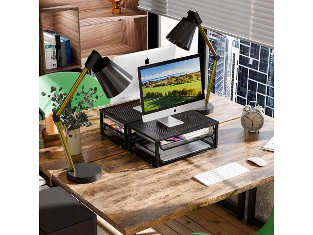 2 Pack 2-Tier Metal Monitor Stand Riser and Computer Desk Organizer with 2 Drawer for Laptop, Computer, iMac, Black