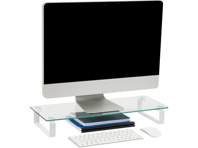 Mind Reader Monitor Stand, Contemporary, Desktop Organizer, Laptop Riser, Office, Glass, 22' L x 8.25' W x 3' H, Clear