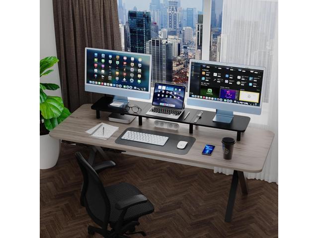 Dual Monitor Stand Riser 43.7 inLarge TV Stand for 2 Monitors Wood & Steel Leg Desktop Riser Desk Organization Home Office (DARK BLACK)