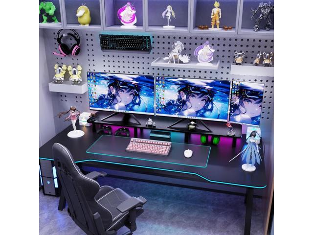 Dual Monitor Stand Riser 43.7 inLarge TV Stand for 2 Monitors Wood & Steel Leg Desktop Riser Desk Organization Home Office (DARK BLACK)