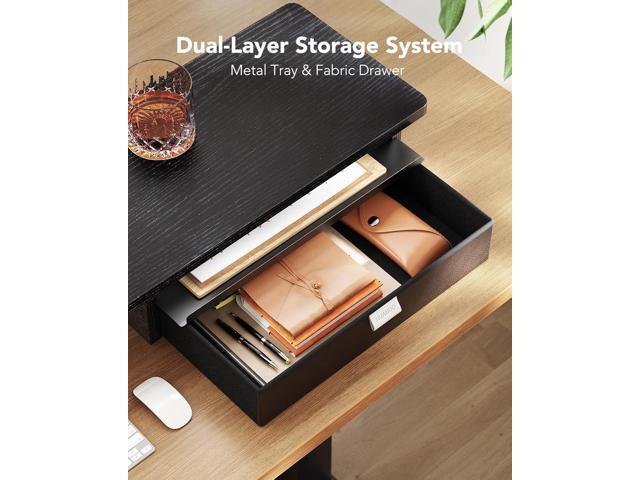 HUANUO Ergonomic Dual Monitor Stand Riser with Steel Tray & Fabric Drawer, Large Desk Organizer with One-Piece Platform, Monitor Stand for Desk,...