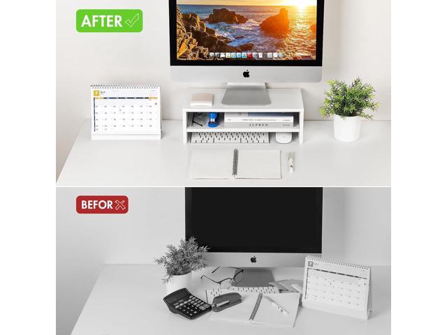 BEYGORM White Monitor Stand Riser for Desk,2 Tiers Wood Desk Shelf Computer Screen Stand with Storage for Desktop...