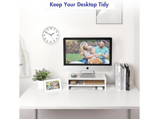 BEYGORM White Monitor Stand Riser for Desk,2 Tiers Wood Desk Shelf Computer Screen Stand with Storage for Desktop...