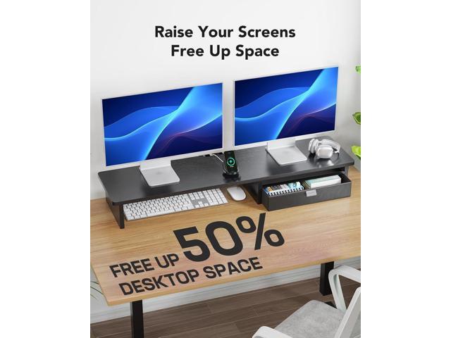 HUANUO Ergonomic Dual Monitor Stand Riser with Steel Tray & Fabric Drawer, Large Desk Organizer with One-Piece Platform, Monitor Stand for Desk,...