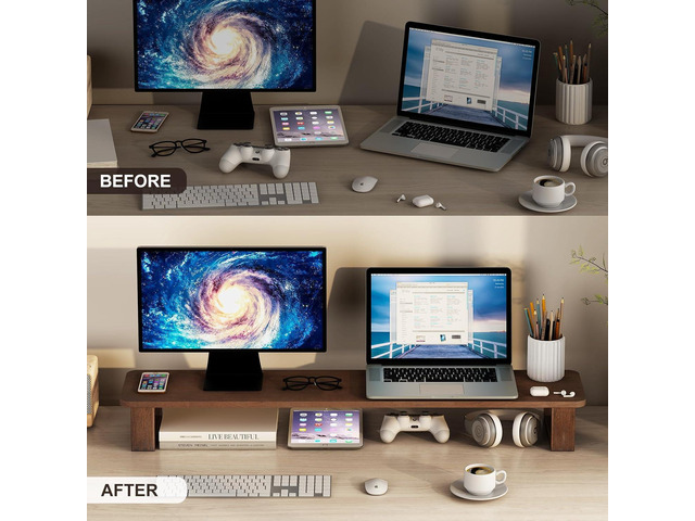 Ufine Dual Monitor Stand Riser 2 Heights Adjustable Wood Computer Monitor Stand Desktop Organizer, Large Monitor Stand for 2 Monitors, Laptop, TV,...