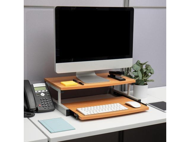Mind Reader Monitor Stand, Sliding Keyboard Drawer, Laptop, Riser, Office, Wood/Metal, 20' L x 14.75' W x 5.9' H, Brown, Silver