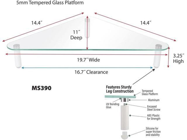 Kantek Corner Desk Glass Computer Monitor Stand Riser, 5mm Tempered Glass Platform, Holds Up to 40 Lbs, Keyboard Storage, 19.7' X 11' X 3.25', Clear
