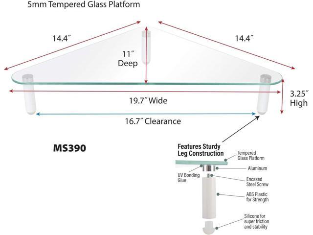Kantek Corner Desk Glass Computer Monitor Stand Riser, 5mm Tempered Glass Platform, Holds Up to 40 Lbs, Keyboard Storage, 19.7' X 11' X 3.25', Clear