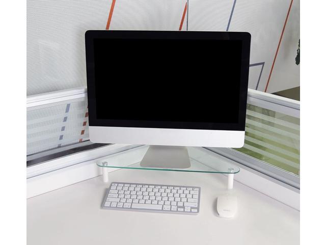 Kantek Corner Desk Glass Computer Monitor Stand Riser, 5mm Tempered Glass Platform, Holds Up to 40 Lbs, Keyboard Storage, 19.7' X 11' X 3.25', Clear