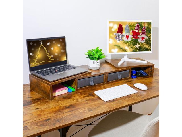 TEAMIX Dual Monitor Stand Riser with 2 Drawers - Length and Angle Adjustable 3 shelf Monitor Riser with Storage Desk Organizer Large Monitor Stand...