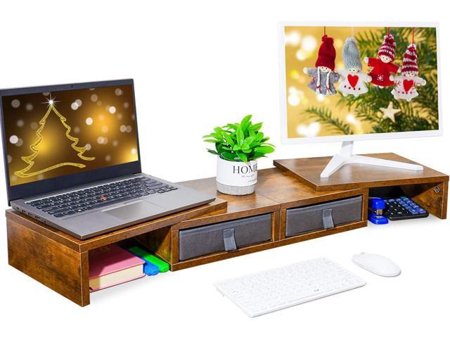 TEAMIX Dual Monitor Stand Riser with 2 Drawers - Length and Angle Adjustable 3 shelf Monitor Riser with Storage Desk Organizer Large Monitor Stand...