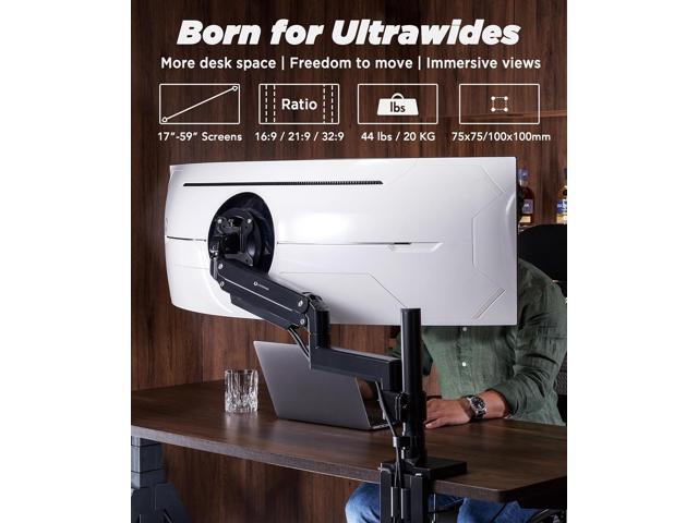Heavy Duty Monitor Arm for Ultrawide Monitors up to 57' and 44 lbs, Single Desk Stand, Pneumatic Height Adjustable, Modular Extension Arms - Max...