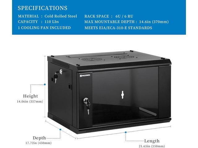 6U Performance Wall Mount Server Cabinet Network Rack Enclosure, Quiet Cooling Fan, Locking Glass Door, Black