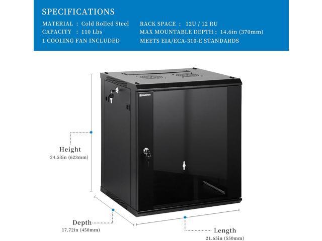 12U Performance Wall Mount Server Cabinet Network Rack Enclosure, Quiet Cooling Fan, Locking Glass Door, Black