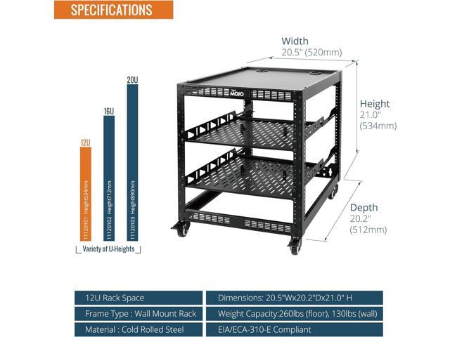 12U Open Frame Network Rack for Servers & AV Gear, Server Rack 4-Post with casters, Mobile Server Rack with 2 PCS 1U Server Rack Shelf & Mounting...