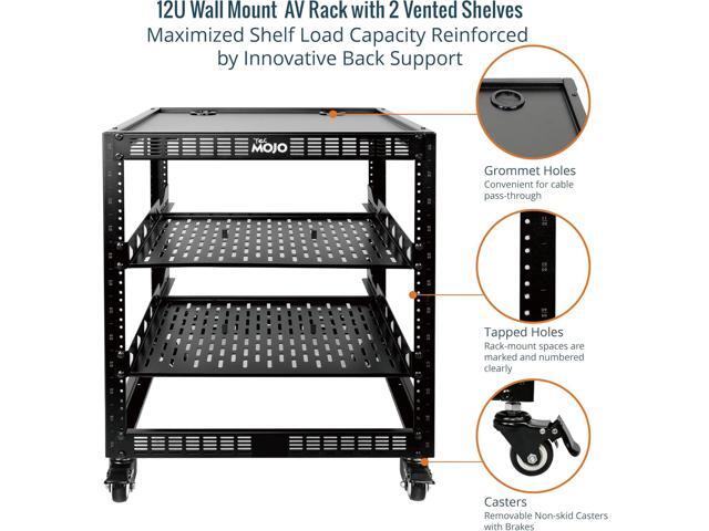 12U Open Frame Network Rack for Servers & AV Gear, Server Rack 4-Post with casters, Mobile Server Rack with 2 PCS 1U Server Rack Shelf & Mounting...