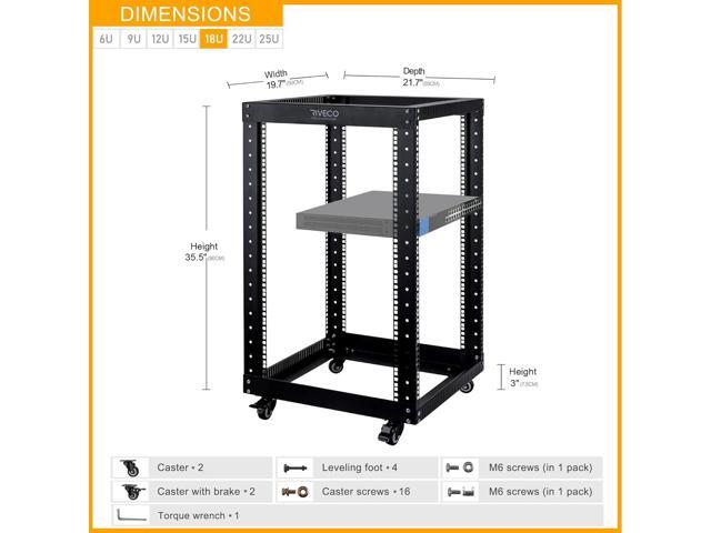 RIVECO 18U Open Frame Server Rack with Brake Casters- Heavy Duty 4 Post Quick Assembly 19-inch Rack Network Durable Black
