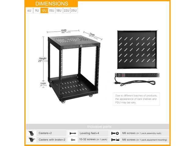 RIVECO 12U Network Rack with Reinforced Top Cover - 4 Post Floor Rack on Wheels for 19' Equipment & Stereo Gear- Including Rack Mount Power Strip &...