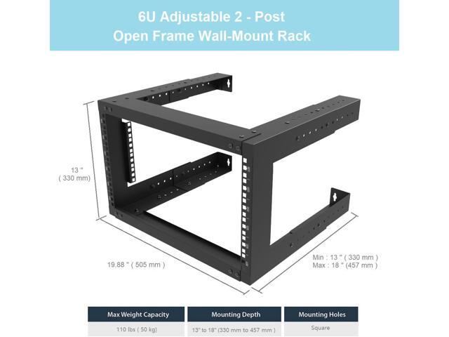Jingchengmei 6U Wall Mount Open Frame Rack-19 Inch Server Equipment Rack- Adjustable Depth 13-18 Inches 2 Post Open Frame Cabinet- Black (6U13-18InD)