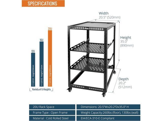 20U Open Frame Network Rack for Servers & AV Gear, Server Rack 4-Post with casters, Mobile Server Rack with 2 PCS 1U Server Rack Shelf & Mounting...
