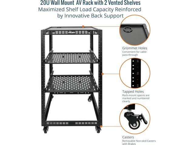 20U Open Frame Network Rack for Servers & AV Gear, Server Rack 4-Post with casters, Mobile Server Rack with 2 PCS 1U Server Rack Shelf & Mounting...