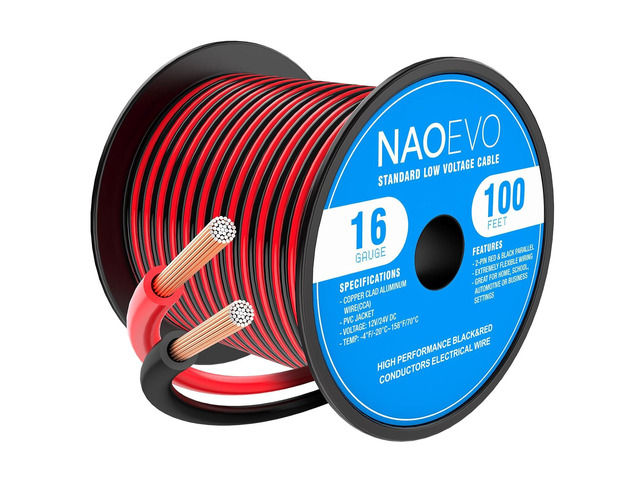 NAOEVO 16 Gauge Wire 100FT, 2 Conductors Electrical Wire Red Black Cable, Flexible/Low Voltage/PVC 16 AWG Copper Clad Aluminum Extension Cord for...