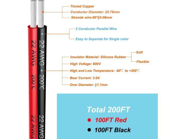 22 awg Silicone Electrical Wire 2 Conductor Parallel Wire line 200ft [Black 100ft Red 100ft] 22 Gauge Soft and Flexible Hook Up Oxygen Free...