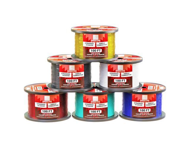 18 Gauge Wire Combo 6 Pack (600ft Total) 100ft Per Roll, 12V Low Voltage Automotive and Electrical Cable, Copper Clad Aluminum (CCA)
