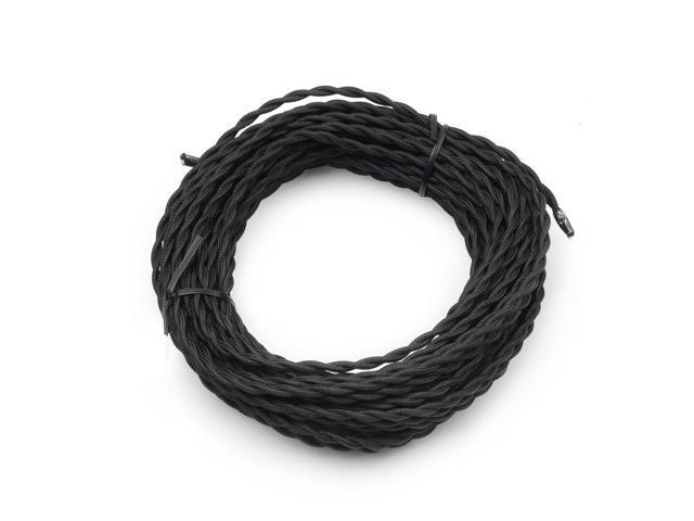 Black Twisted Cloth Covered Wire, 2-Conductor 18-Gauge Antique Industrial Fabric Electrical Cord Cable, Vintage Style Lamp Cord Strands 50 Feet