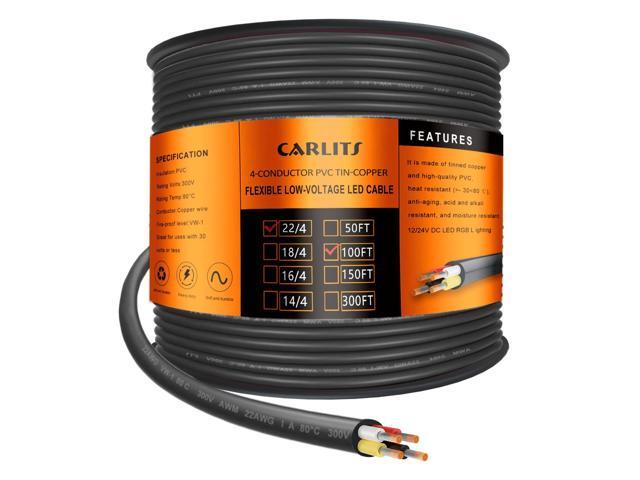 CARLITS 22 Gauge 4 Conductor Electrical Wire, 100FT Black Stranded Low Voltage 22/4 Cable PVC Case, Flexible Extension Power Cord for LED Lamp