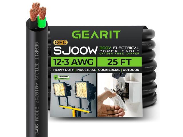 GearIT 12/3 12 AWG Portable Power Cable (25 Feet - 3 Conductor) SJOOW 300V 12 Gauge Electric Wire for Motor Leads, Portable Lights, Battery...