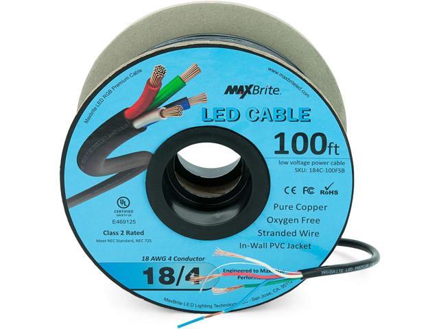 100 ft. 18AWG Low Voltage LED Cable 4 Conductor Black Sleeve In-Wall RGB Wire UL Class 2 Certified